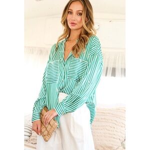 Haus of Bebe Rae Green striped boutique Striped Satin Blouse
